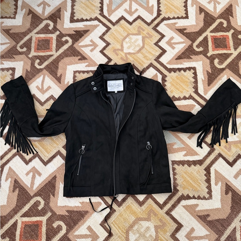 RACHEL Rachel Roy Black Leather Fringe Jacket